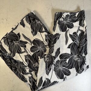 Tahari Wide Leg 100% Linen Pants Womens M Floral Resort Beach Tropical Black Wht